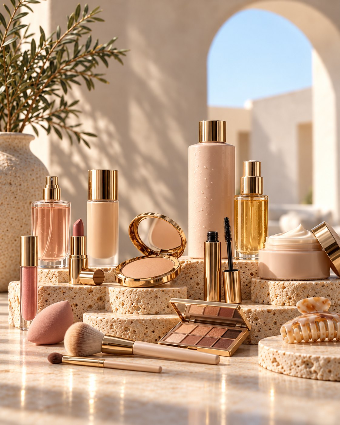 Makeup and skincare products on stone pedestals