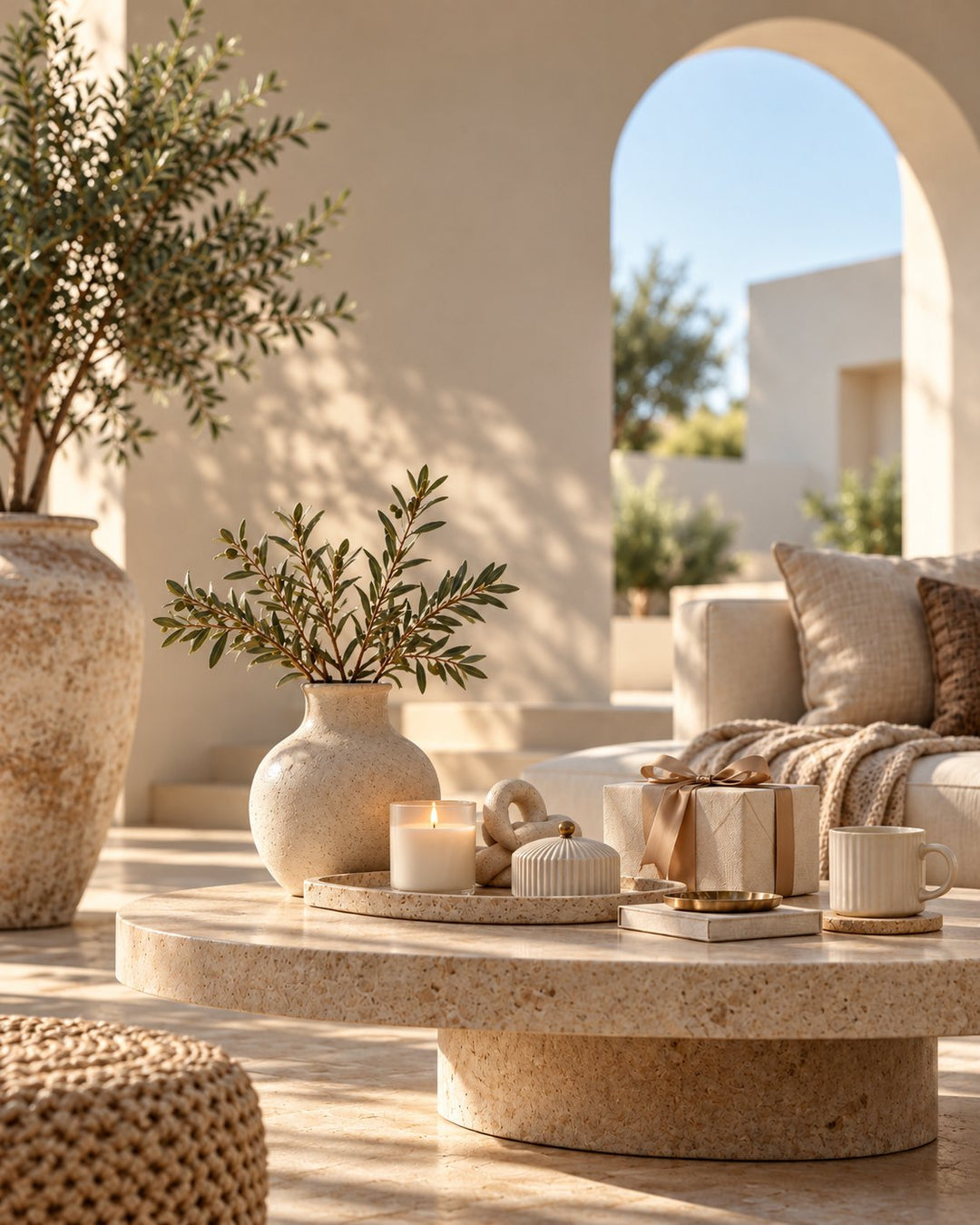Stone coffee table with vase, candle and gift box