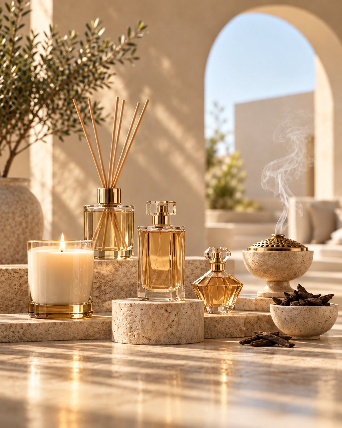 Candle, reed diffuser, perfumes and bakhoor burner on stone