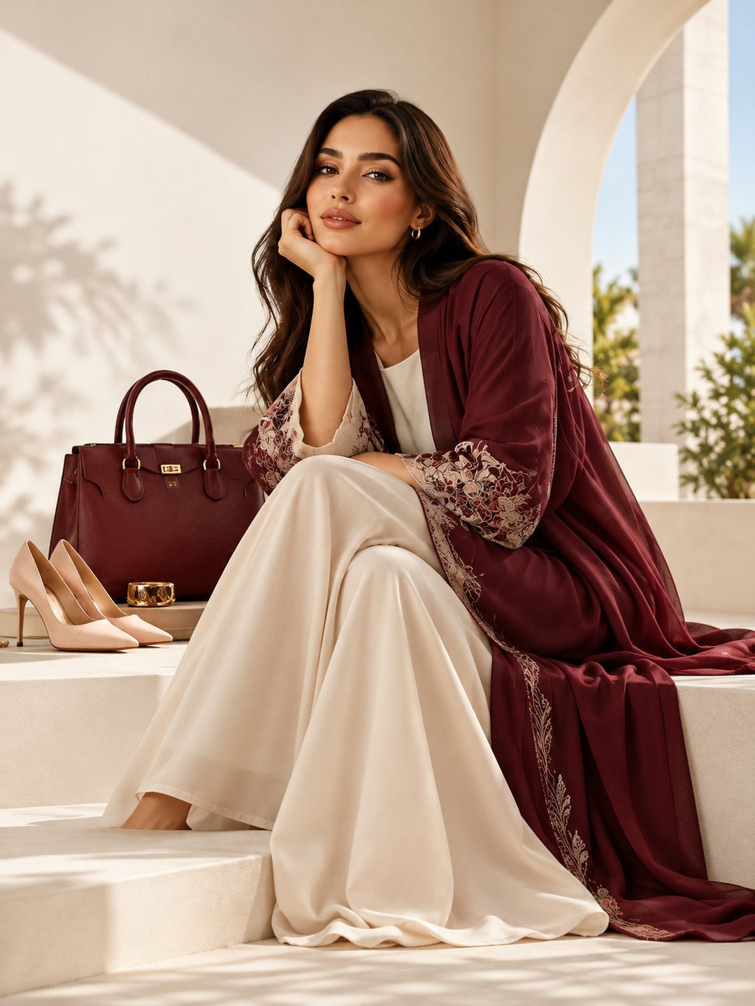 Woman in a burgundy embroidered abaya with a burgundy handbag