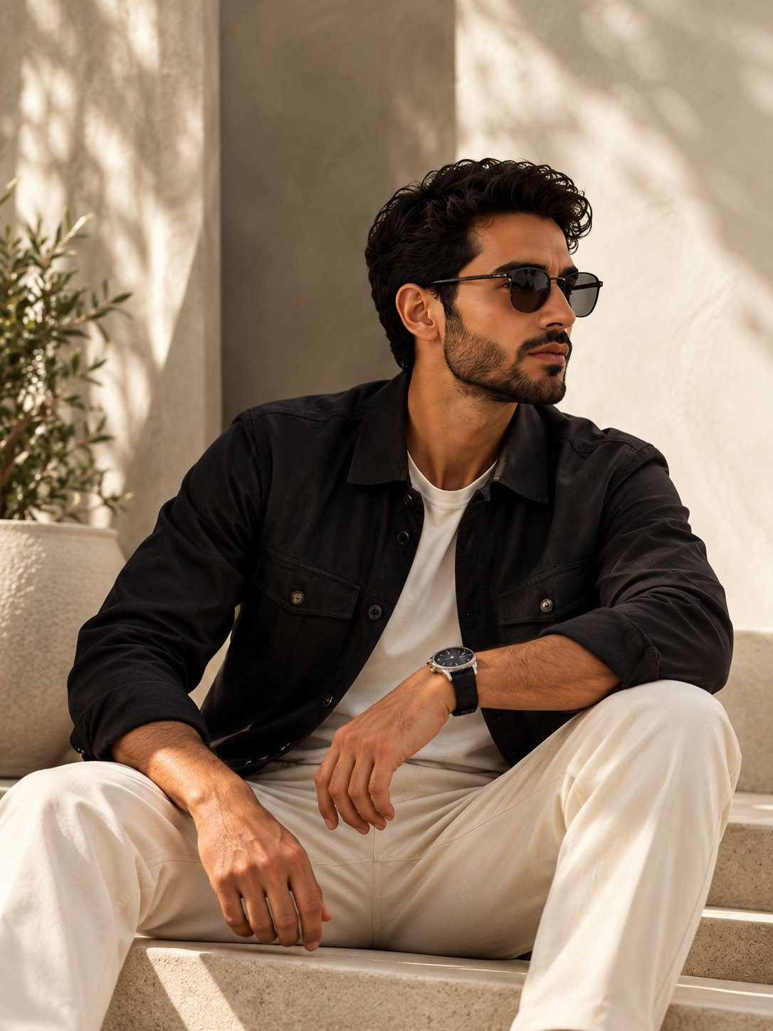Man in a black overshirt and cream trousers with sunglasses