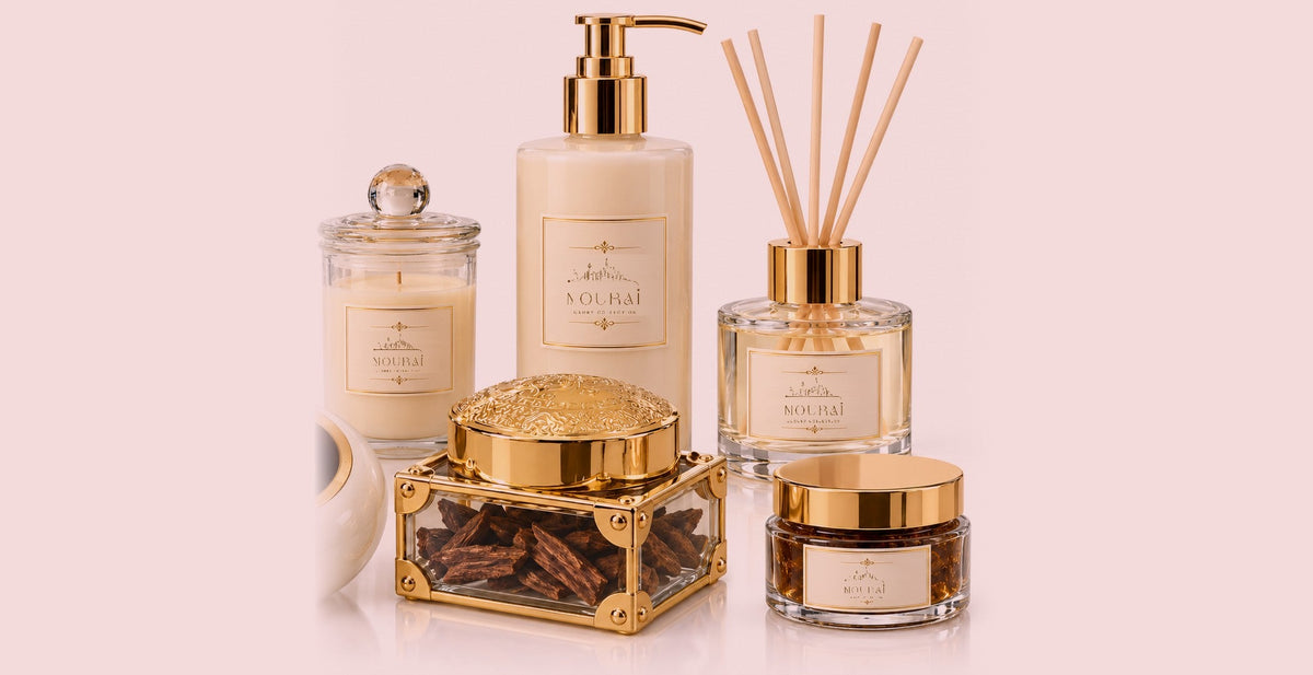 Nourai Customized Scent collection: candle, body lotion, reed diffuser, bakhoor and body scrub