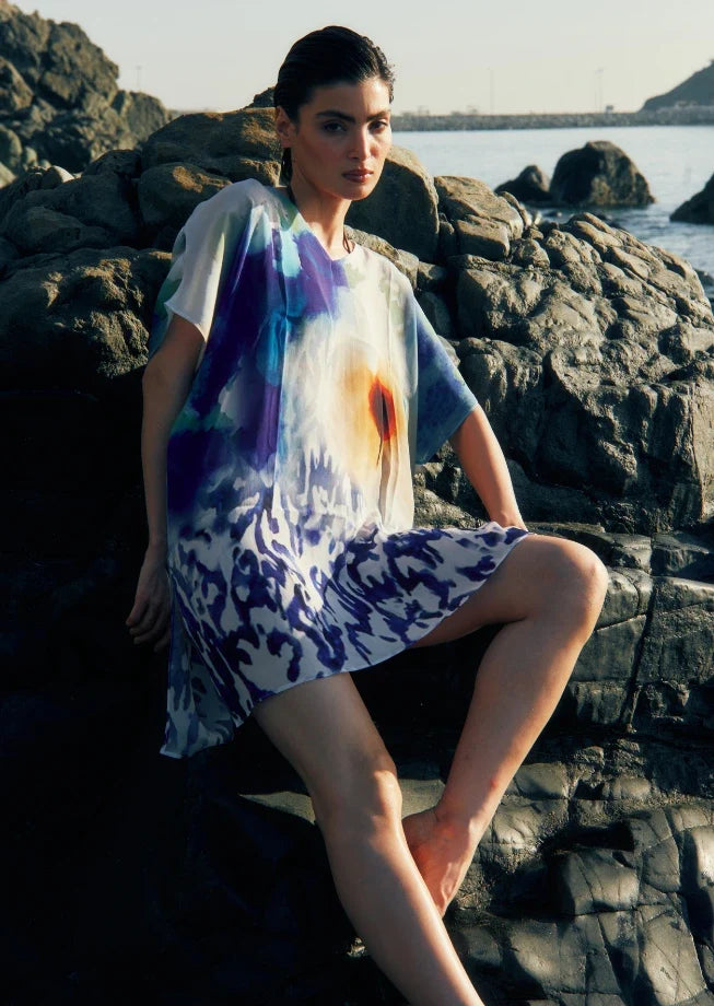 Ciel &amp; Sand Sheer Short Kaftan Dress - Blue &amp; Brown Beach Cover Up