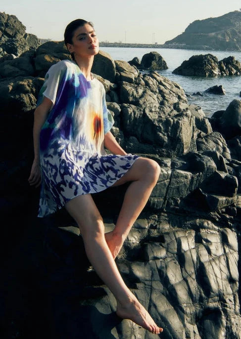 Ciel &amp; Sand Sheer Short Kaftan Dress - Blue &amp; Brown Beach Cover Up