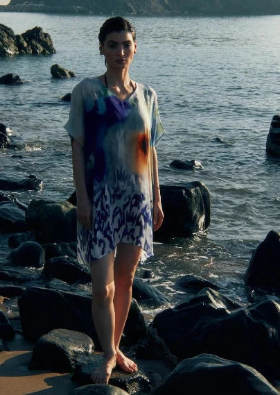 Ciel &amp; Sand Sheer Short Kaftan Dress - Blue &amp; Brown Beach Cover Up