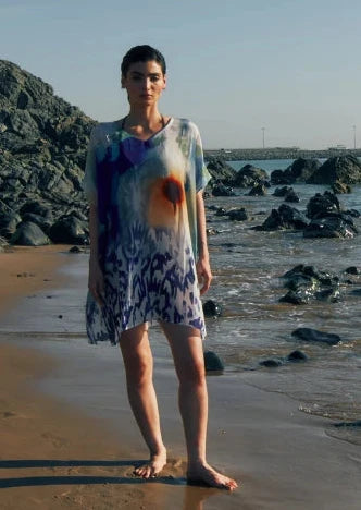Ciel &amp; Sand Sheer Short Kaftan Dress - Blue &amp; Brown Beach Cover Up