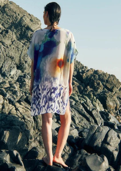 Ciel &amp; Sand Sheer Short Kaftan Dress - Blue &amp; Brown Beach Cover Up
