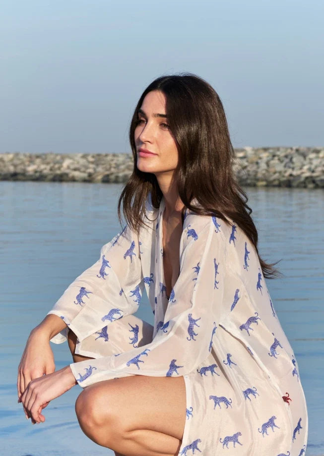 Leopard Luxe Printed Short Kimono - Blue &amp; White Beach Cover Up