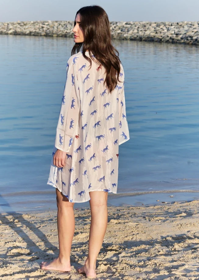 Leopard Luxe Printed Short Kimono - Blue &amp; White Beach Cover Up