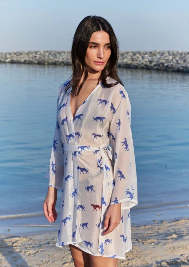 Leopard Luxe Printed Short Kimono - Blue &amp; White Beach Cover Up
