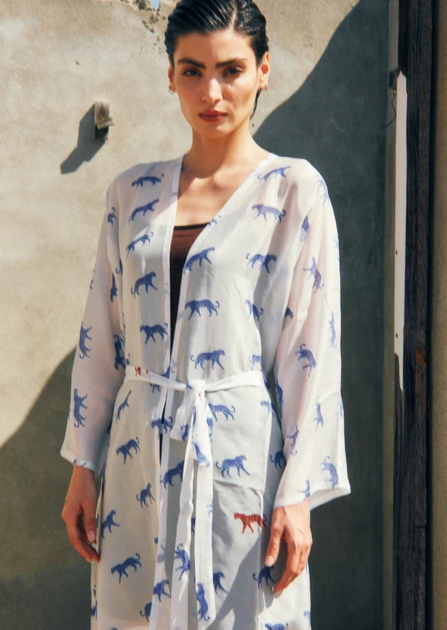 Leopard Luxe Printed Short Kimono - Blue &amp; White Beach Cover Up