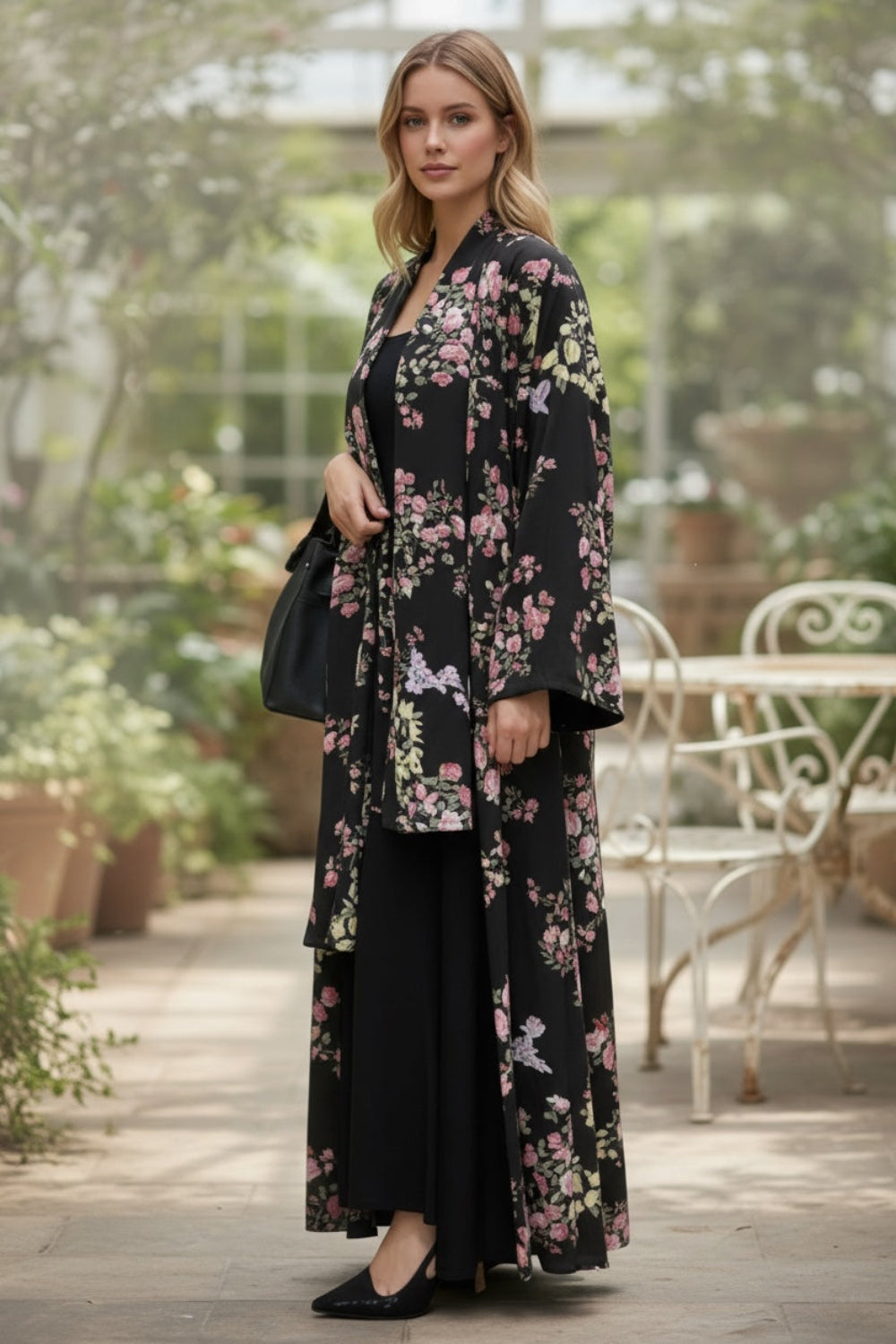 Elegant Floral Open Abaya – Lightweight Everyday Black Kimono Style - Salat Farah
