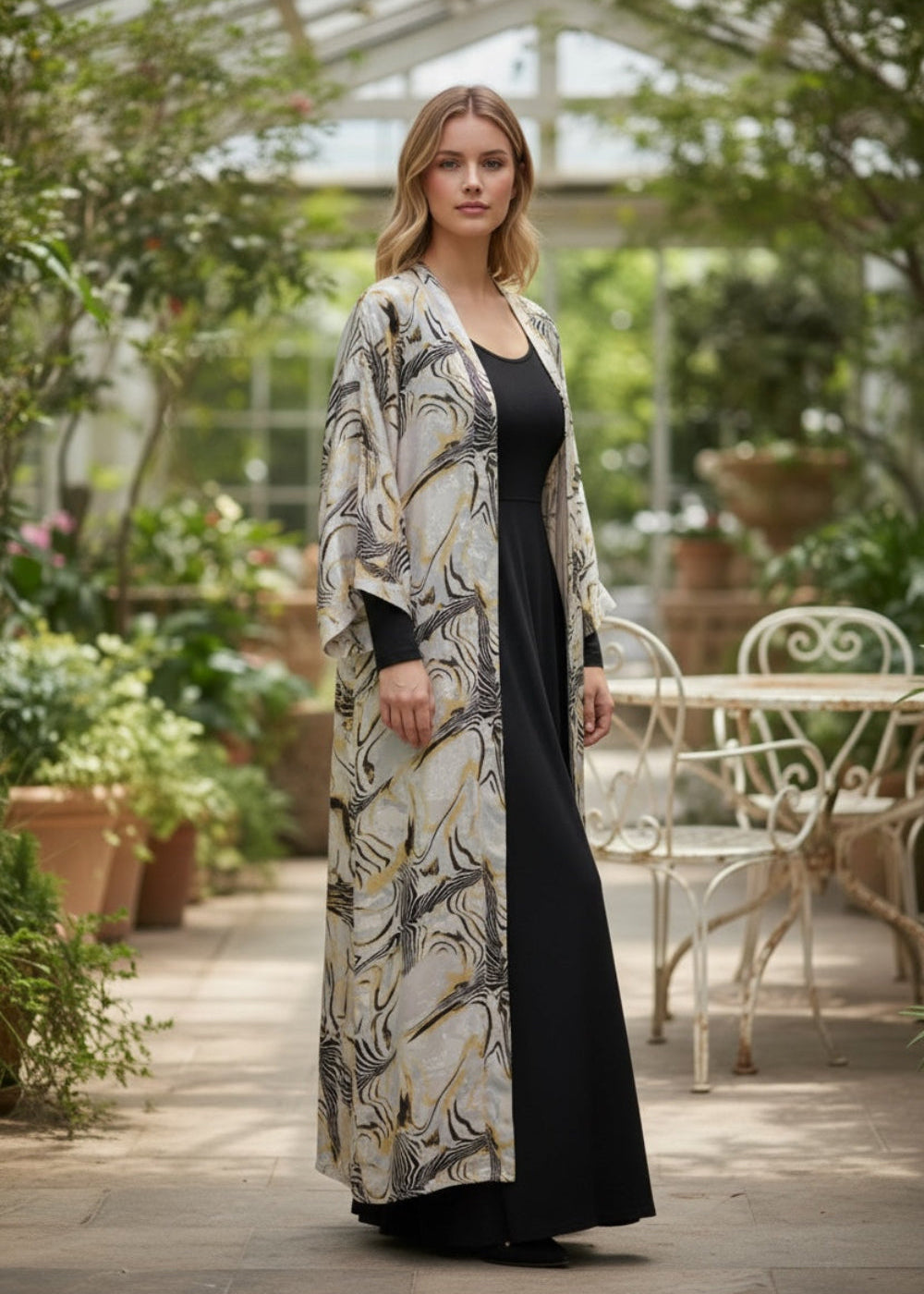 My Everyday Statement Abaya – Elegant Marble Print Open Kimono in Neutral Tones - Salat Farah