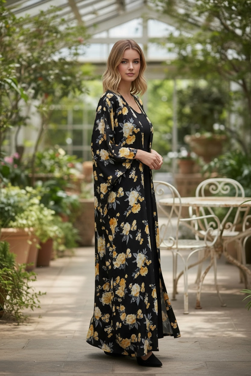 Elegant Black Open Kimono with Soft Yellow Blossoms - Salat Farah