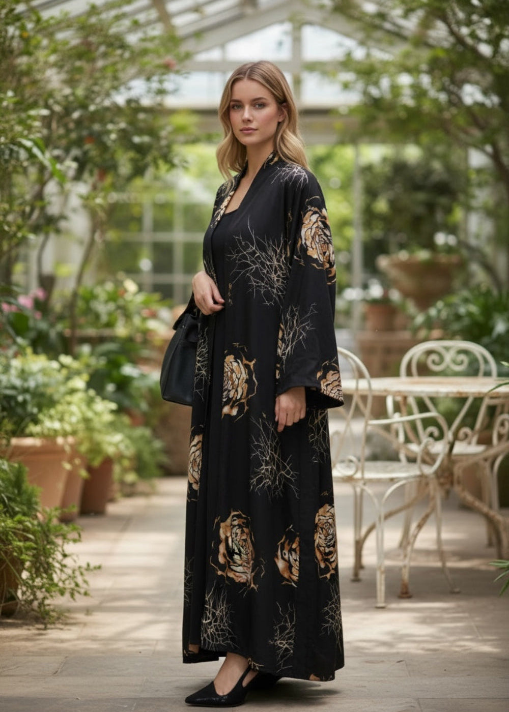 Elegant Black Open Kimono with Artistic Floral Accents