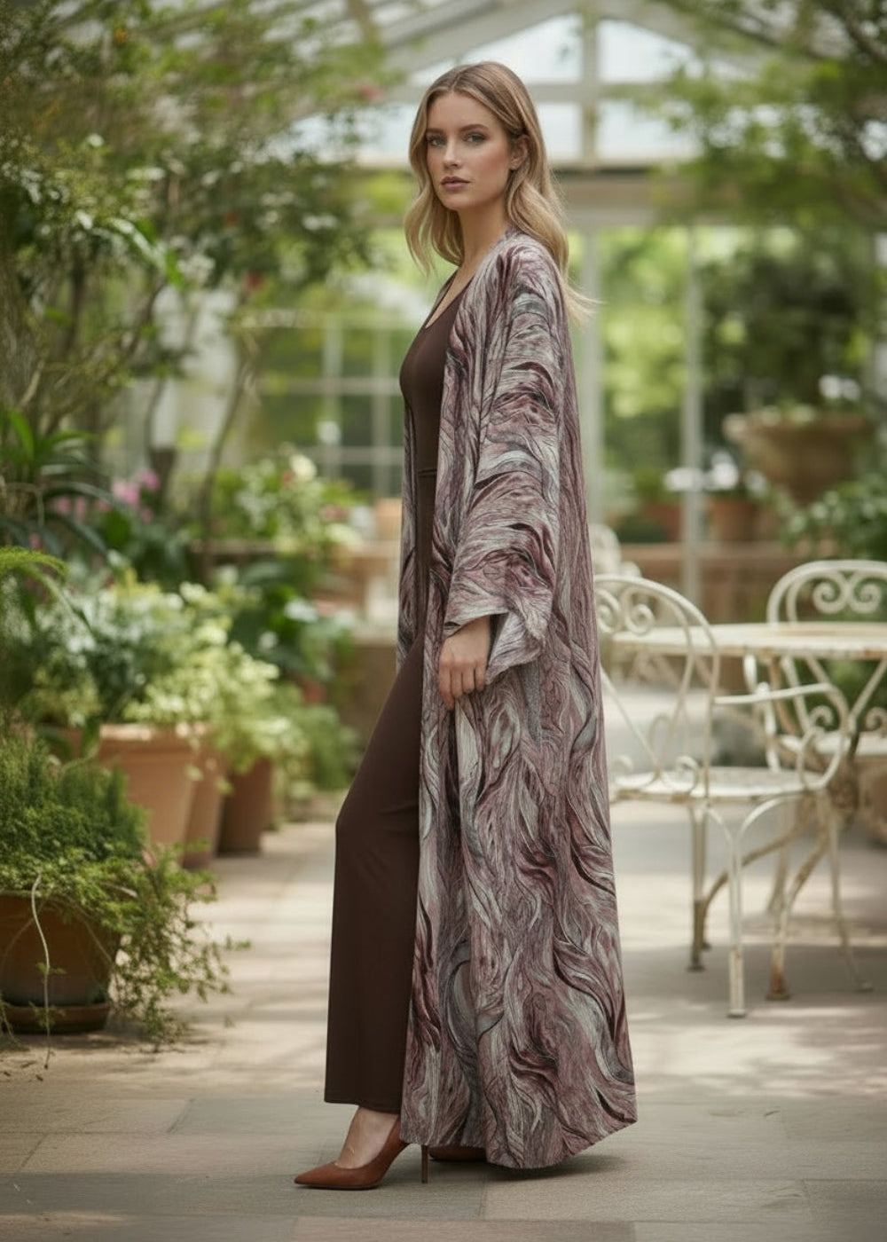 Elegant Marble Print Open Kimono in Warm Brown Tones