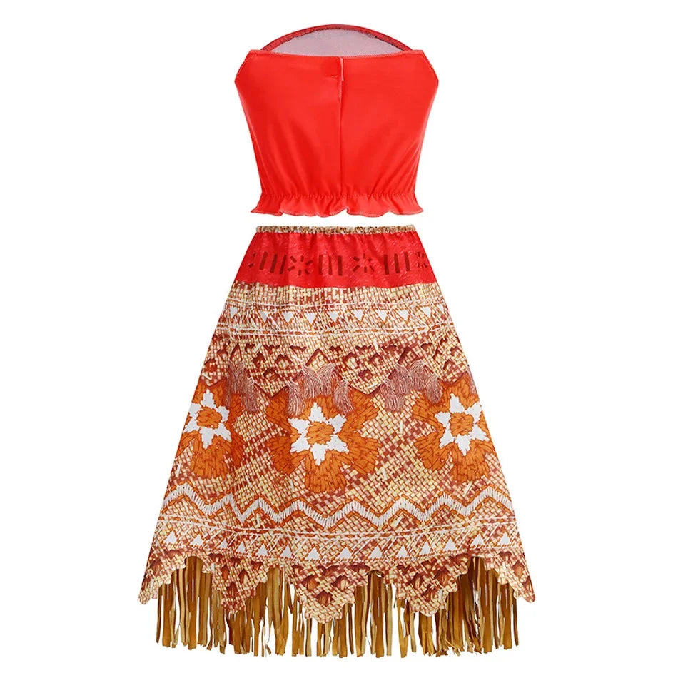 Girls Moana Princess Costume 2Pcs Crop Top Fringe Skirt with Wig Flower Necklace Headband Kids Birthday Beach Cosplay Outfit