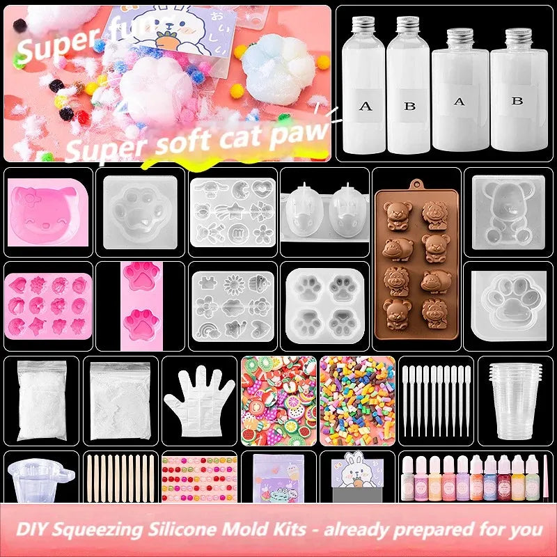 Liquid Silicone Cat Paw Rabbit Mold DIY Squishy Stress Relief Slime Kit Resin Casting Kids Craft Educational Toy AB Glue Set