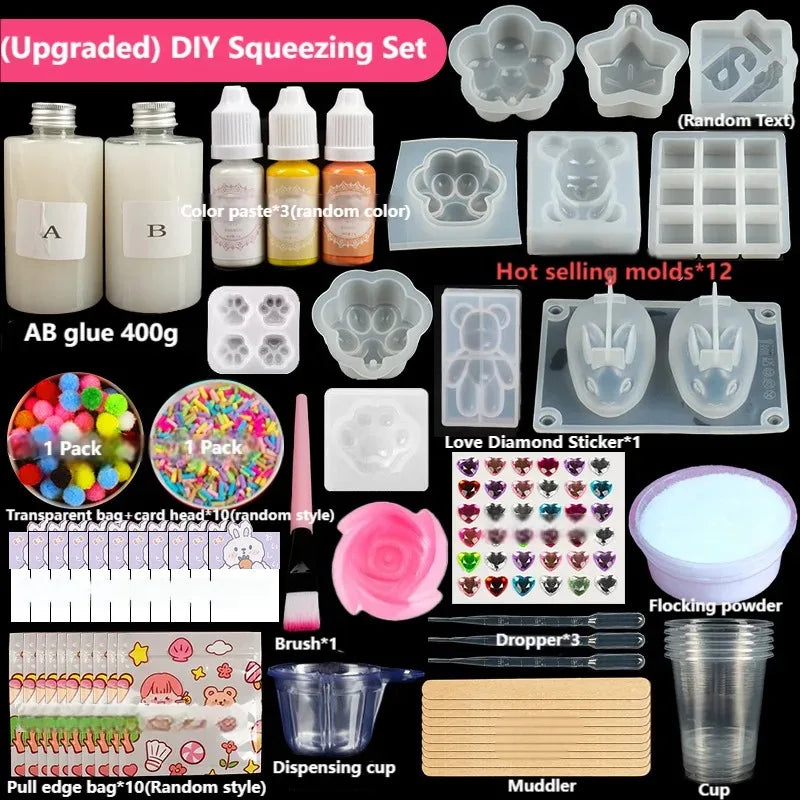 Liquid Silicone Cat Paw Rabbit Mold DIY Stress Relief Soft Slime Maker Kit for Kids Craft Creative Educational Toy AB Glue Set