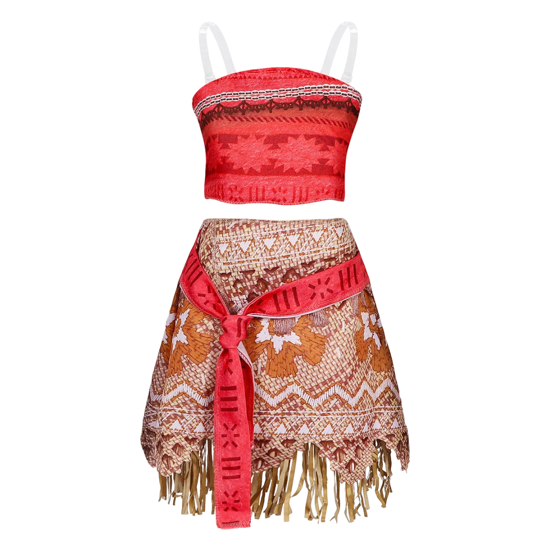 Girls Moana Princess Costume 2Pcs Crop Top Fringe Skirt with Wig Flower Necklace Headband Kids Birthday Beach Cosplay Outfit