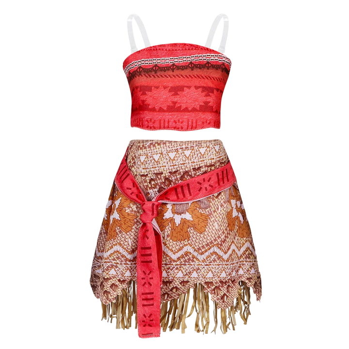 Girls Moana Princess Costume 2Pcs Crop Top Fringe Skirt with Wig Flower Necklace Headband Kids Birthday Beach Cosplay Outfit