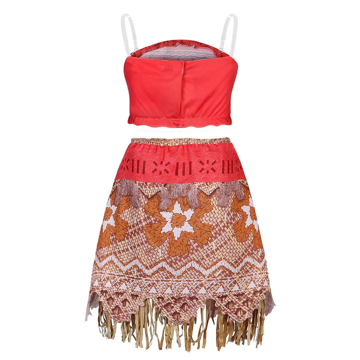 Girls Moana Princess Costume 2Pcs Crop Top Fringe Skirt with Wig Flower Necklace Headband Kids Birthday Beach Cosplay Outfit