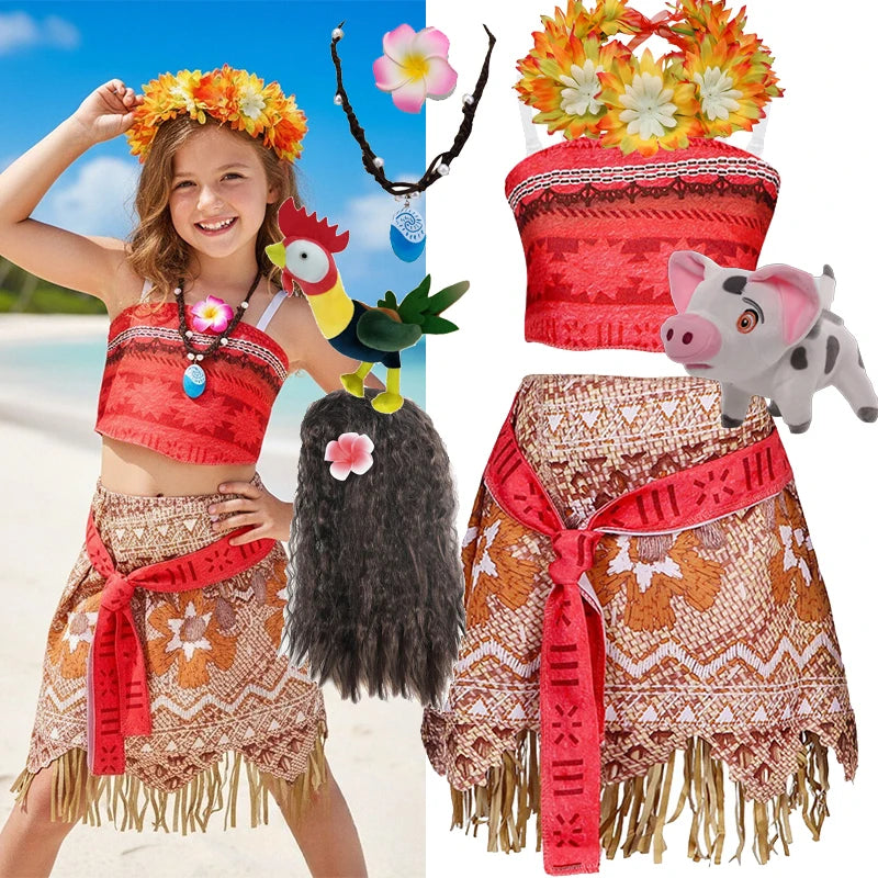 Girls Moana Princess Costume 2Pcs Crop Top Fringe Skirt with Wig Flower Necklace Headband Kids Birthday Beach Cosplay Outfit