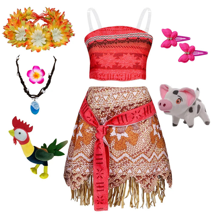 Girls Moana Princess Costume 2Pcs Crop Top Fringe Skirt with Wig Flower Necklace Headband Kids Birthday Beach Cosplay Outfit