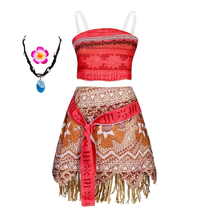 Girls Moana Princess Costume 2Pcs Crop Top Fringe Skirt with Wig Flower Necklace Headband Kids Birthday Beach Cosplay Outfit