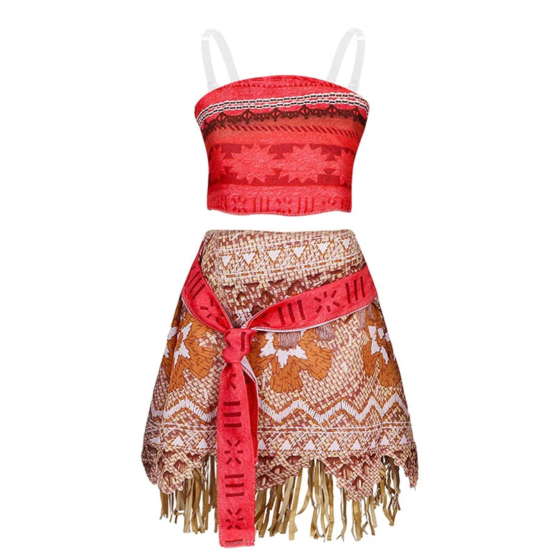 Girls Moana Princess Costume 2Pcs Crop Top Fringe Skirt with Wig Flower Necklace Headband Kids Birthday Beach Cosplay Outfit
