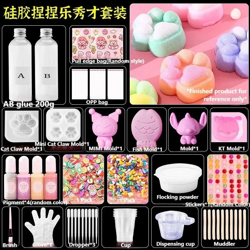 Liquid Silicone Cat Paw Rabbit Mold DIY Squishy Stress Relief Slime Kit Resin Casting Kids Craft Educational Toy AB Glue Set