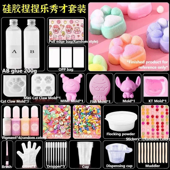 Liquid Silicone Cat Paw Rabbit Mold DIY Squishy Stress Relief Slime Kit Resin Casting Kids Craft Educational Toy AB Glue Set