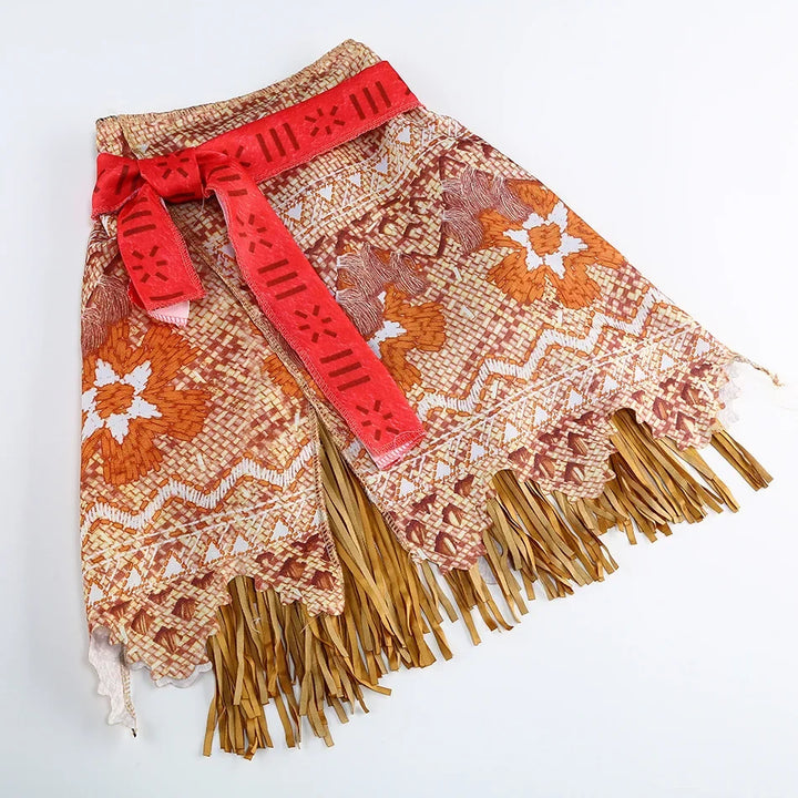Girls Moana Princess Costume 2Pcs Crop Top Fringe Skirt with Wig Flower Necklace Headband Kids Birthday Beach Cosplay Outfit