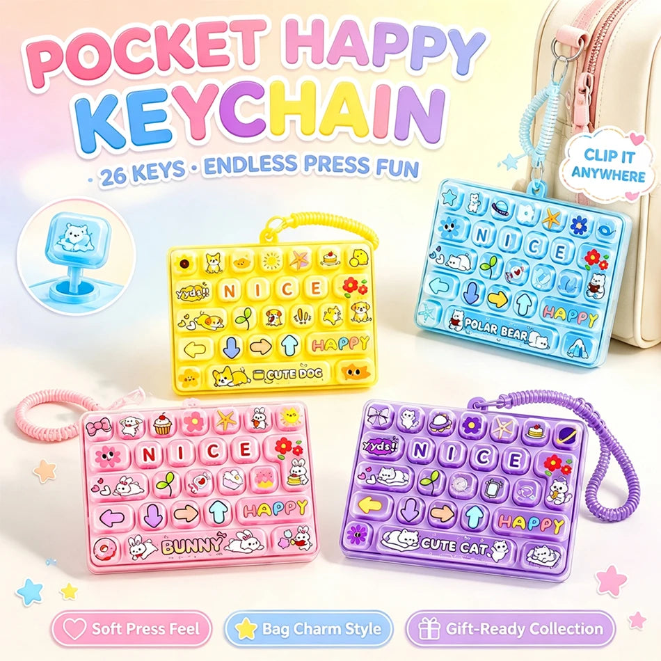 Popular 26 Key Fidget Keyboard Keychain Cartoon Cat Dog Bunny Pastel Candy Color Hand Press Stress Relief Clicker Bag Charm Gift