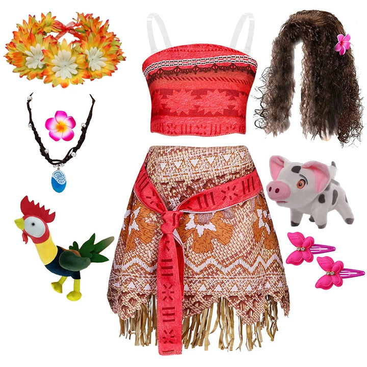 Girls Moana Princess Costume 2Pcs Crop Top Fringe Skirt with Wig Flower Necklace Headband Kids Birthday Beach Cosplay Outfit
