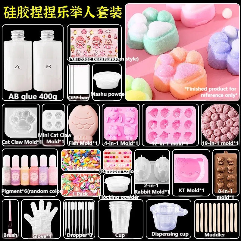 Liquid Silicone Cat Paw Rabbit Mold DIY Squishy Stress Relief Slime Kit Resin Casting Kids Craft Educational Toy AB Glue Set