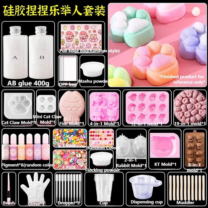 Liquid Silicone Cat Paw Rabbit Mold DIY Squishy Stress Relief Slime Kit Resin Casting Kids Craft Educational Toy AB Glue Set