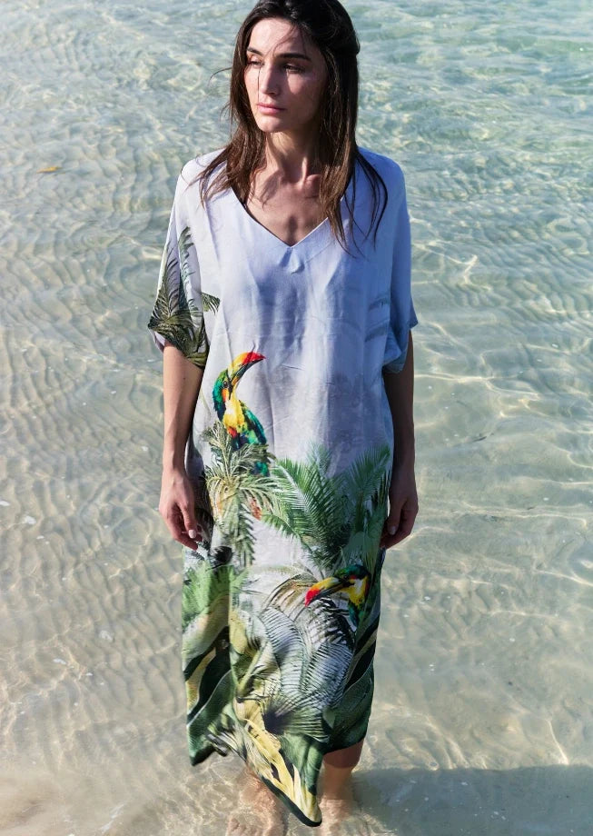 Wild Wings Bird In The Jungle Long Kaftan Dress With Side Slits - Green &amp; Multicolor