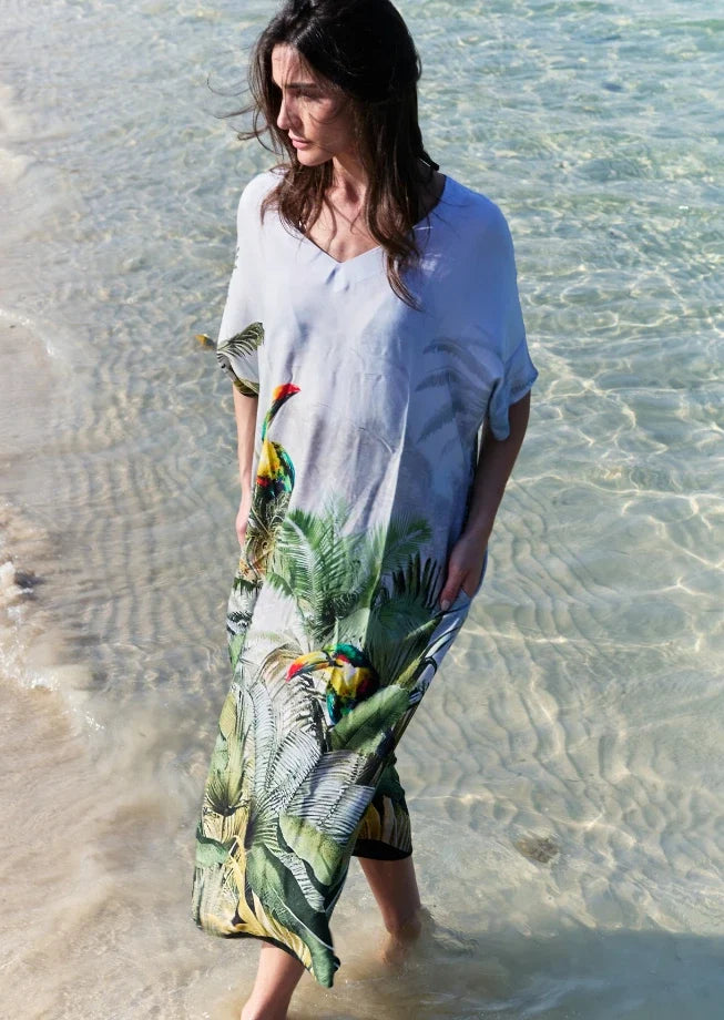 Wild Wings Bird In The Jungle Long Kaftan Dress With Side Slits - Green &amp; Multicolor