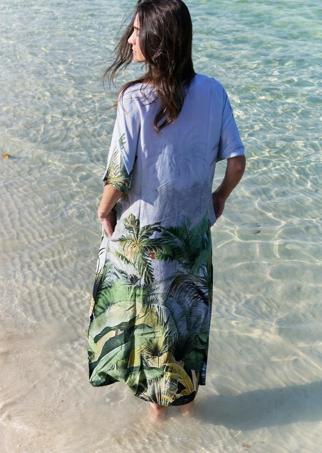 Wild Wings Bird In The Jungle Long Kaftan Dress With Side Slits - Green &amp; Multicolor