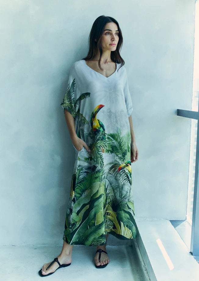 Wild Wings Bird In The Jungle Long Kaftan Dress With Side Slits - Green &amp; Multicolor