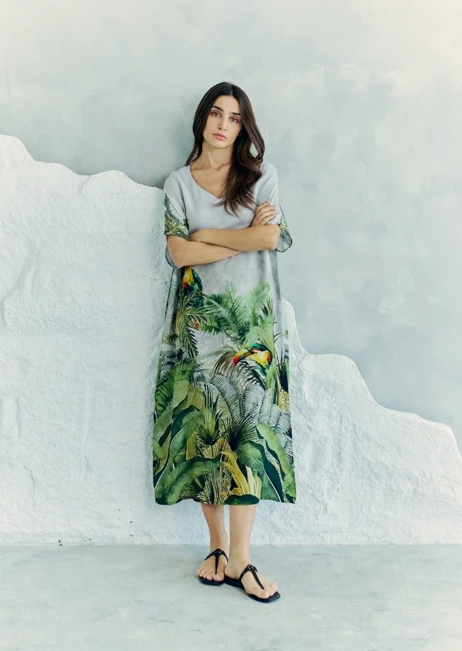 Wild Wings Bird In The Jungle Long Kaftan Dress With Side Slits - Green &amp; Multicolor