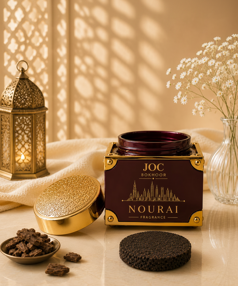 A luxury fragrance product display featuring a dark maroon and gold box labeled 'JOC BOKHOOR NOURAI FRAGRANCE', alongside its gold lid, a round dark textured insert, a small dish of dark brown pieces, and dried white flowers in a glass vase, all arranged on a warm beige surface with a brass lantern casting shadow patterns.